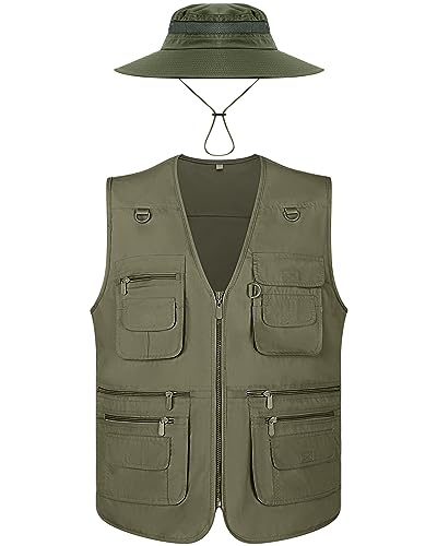 Janmercy 2 Pieces Men's Work Fishing Vest with Hat Lightweight Safari Travel Hunting Waistcoat With Multi Pockets Fishing Hat - color: Army Green, size: XX-Large
