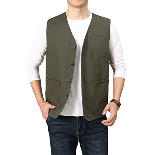 PRIJOUHE Men's Casual Outdoor Cotton Vest Lightweight Breathable Multi-Pocket Fishing Safari Travel Vests Outwear - color: 02-green, size: Large