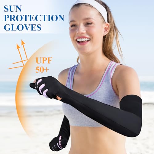 2 Pairs UV Protection Gloves Full Arm Sunblock Gloves with Ventilation Holes, Summer Sun Protection Gloves for Driving - color: Black White