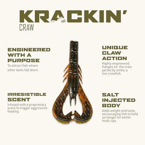Googan Squad Krackin' Craw Soft Plastic Crawfish Bait for Bass Fishing – Patented V-Ridge Claws, Salt-Injected, Slaunch Sauce Scent (6pk) - color: Black Blue Flake, size: 4"