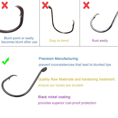 50Pcs Circle Hooks with Fishing Hook Remover, Super Sharp and Offset Catfish Octopus Circle Hooks for Saltwater and Freshwater, Nickel Coated High Carbon Steel, Sizes #1-8/0 - color: Black Nickel, size: 6/0