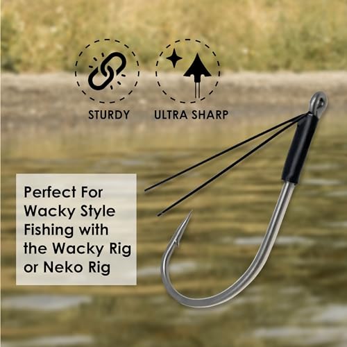 Reaction Tackle Neko Hooks - Weedless Finesse Fishing Hooks for Bass - High Carbon Steel Wacky and Neko Rig Hooks for Soft Plastic Worms (25-Pack) - size: #1/0 Wire Guard