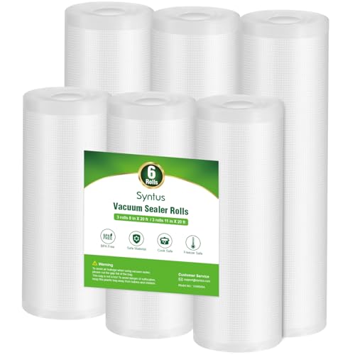 Syntus Vacuum Sealer Bags, 6 Pack 3 Rolls 11" x 20' and 3 Rolls 8" x 20' Commercial Grade BPA Free Bag Rolls, Food Vac Bags for Storage, Meal Prep or Sous Vide