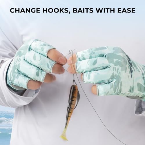 KastKing Agies Fishing Gloves Men, UPF 50+ Sun Gloves UV Protection, Cooling Quick-Dry 3/4 Fingerless Gloves with Extended Cuff, Microfiber Palm & Pull Tabs, for Fishing, Kayaking, Hiking, Hunting - color: X Camo-Pale Blue, size: Large-X-Large