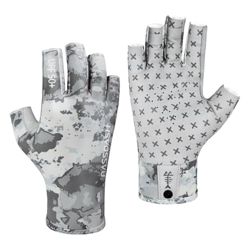 BASSDASH 3/4 Finger UPF 50+ Sun Gloves Breathable Anti-Slip Silicone Palm for Men Women Fishing Fingerless Cycling Running - color: Grey Abstract Camo, size: Medium
