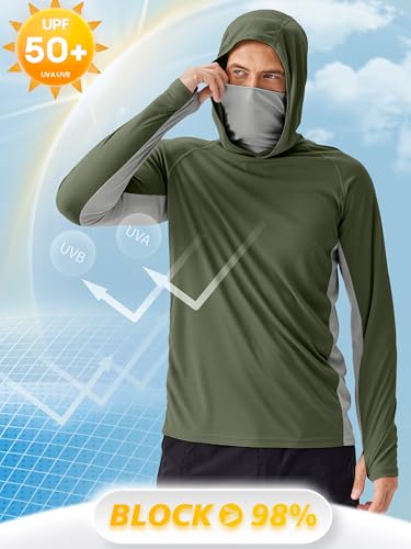 PINSPARK Men's Sun Protection Hoodie with Mask UPF 50+ UV Long Sleeve Shirt Men Rash Guard Performance Fishing Hiking Shirt - color: Army Green, size: Small
