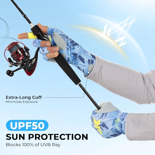 KastKing Agies Fishing Gloves Men, UPF 50+ Sun Gloves UV Protection, Cooling Quick-Dry 3/4 Fingerless Gloves with Extended Cuff, Microfiber Palm & Pull Tabs, for Fishing, Kayaking, Hiking, Hunting - color: X Camo-Blue, size: Small-Medium