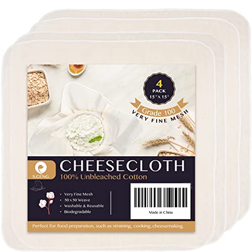 Precut Cheesecloth, 15 x 15'' 4 Pack, Grade 100, Ultra Fine Cheese Cloth for Straining & Cooking, 100% Unbleached Cotton Muslin Cloth for Making Cheese