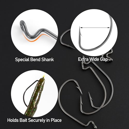 Dr.Fish EWG Hooks Bass Fishing Worm Hooks Extra Wide Gap Freshwater Fishing Carolina/Texas Rig - color: Black Nickel, size: #2/0-100Pack