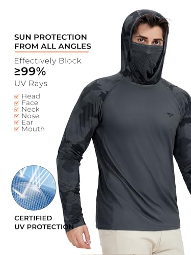 Rodeel UPF 50+ Men’s Long Sleeve Performance Fishing Hiking Shirt with Mask UV Neck Gaiter Hoodie - color: A1.5pack：black,grey,blue,green,brown, size: XX-Large