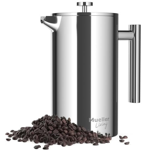 MuellerLiving French Press Coffee Maker 34oz, Stainless Steel French Press Coffee, 4 Filter Heat Resistant Double Insulated, Rust-Free, Food Grade, Dishwasher Safe Coffee Pot