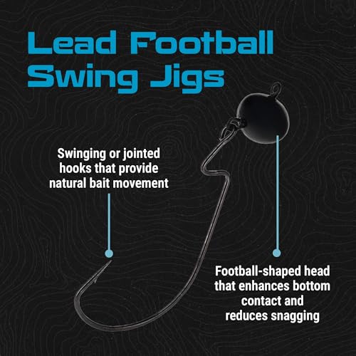 Reaction Tackle Football Swing Jig, Free-Swinging Hook with Football Head for Bass Fishing, Deep Water and Rocky Terrain (5-Pack) - color: Green Pumpkin, size: 3/8 Oz