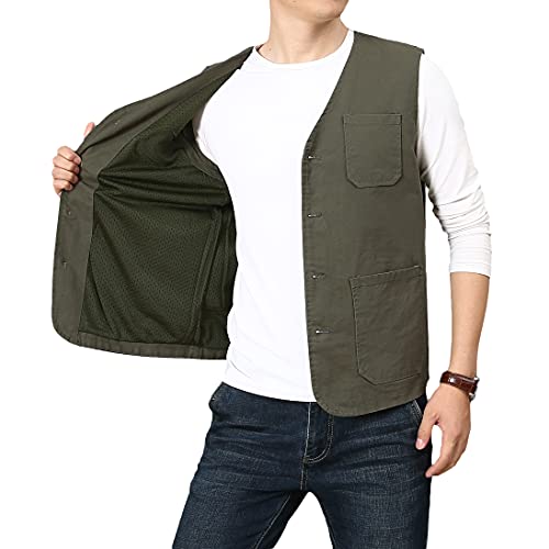 PRIJOUHE Men's Casual Outdoor Cotton Vest Lightweight Breathable Multi-Pocket Fishing Safari Travel Vests Outwear - color: 02-green, size: Medium