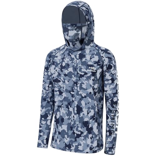 BASSDASH Men’s UPF 50+ Hooded Breathable Camo Shirts with Face Mask Lightweight Neck Gaiter Fishing Hiking Hoodie Shirt FS51M - color: Blue Camo, size: XX-Large