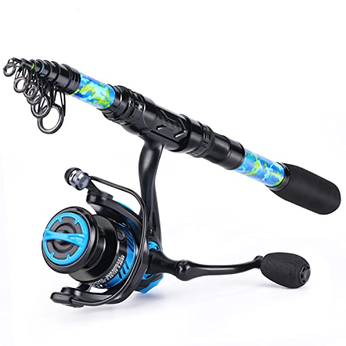 Sougayilang Telescopic Fishing Rod and Reel Combo – Full Kit with Carrier Bag, 11+1 Bearings Spinning Reel, Carbon Fiber Travel Pole for Bass, Trout, Catfish, Redfish – Saltwater Freshwater - color: Blue Full Kit with Carrier Case, size: 8.9 ft