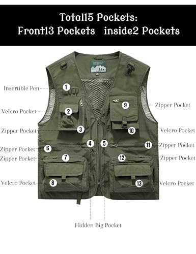 Men's Lightweight Mesh Fishing Vest Utility Outdoor Multi-Pocket Hunting Cargo Vest - color: Army Green, size: X-Large