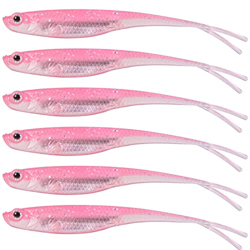 Dr.Fish Soft Plastic Baits, Fork Tail Soft Jerkbait Minnow Lures, 3 to 4-3/4 Inches Soft Swimbaits Jerk Shad Baits Crappie Bass Fishing Lures - color: Pink, size: 4"-5 Pack
