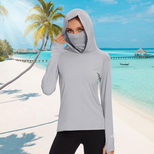 BASSDASH Women’s UPF 50+ Hoodie Shirt with Breathable Face Mask - color: Light Grey, size: Medium