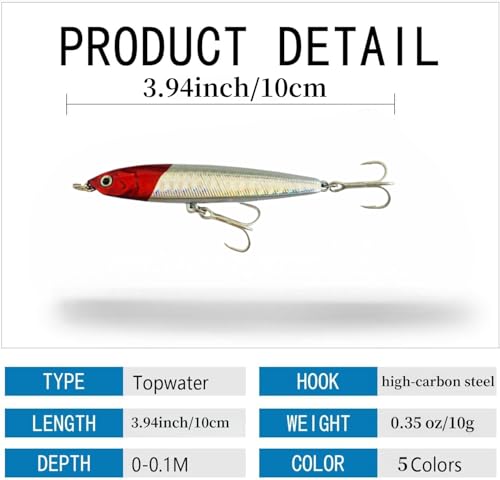 0.49oz/0.35oz Topwater Fishing Lures, 5 Pcs Fishing Lure Saltwater with Storage Box Jerkbait Crankbait Lures for Halibut & Striper Fishing Swimbait for Freshwater and Saltwater Bass Fishing - color: 10g