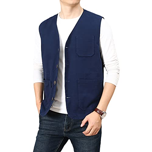 PRIJOUHE Men's Casual Outdoor Cotton Vest Lightweight Breathable Multi-Pocket Fishing Safari Travel Vests Outwear - color: 02-navy, size: XX-Large