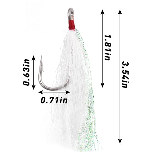 Bucktail Teasers Fishing Hooks Saltwater Flounder Rig Bucktail Mylar Teasers Inserted Stainless Steel Fishing Teaser Hooks for Striped Bass Trout Catfish Cod Flounder Hi/Lo Rig Jigs Spoons Lures - color: White, size: 12pcs