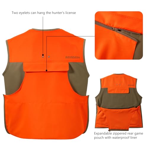 BASSDASH Upland Game Field Water-Resistant Bird Hunting Vest with Multi Pockets Men Women FV11 - color: Dark Khaki/Blaze Orange, size: Medium