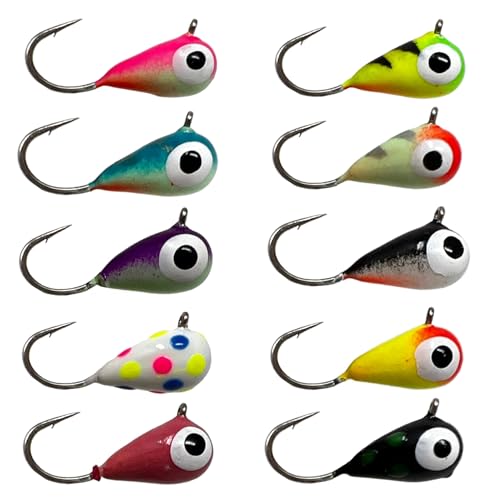 Reaction Tackle Tungsten Ice Fishing Jigs, Tear Drop Jig Heads that Glow with UV Light for Panfish, Crappie, Walleye, Perch, Trout and Bluegill - color: 10-pcs Variety Pack, size: 3 mm
