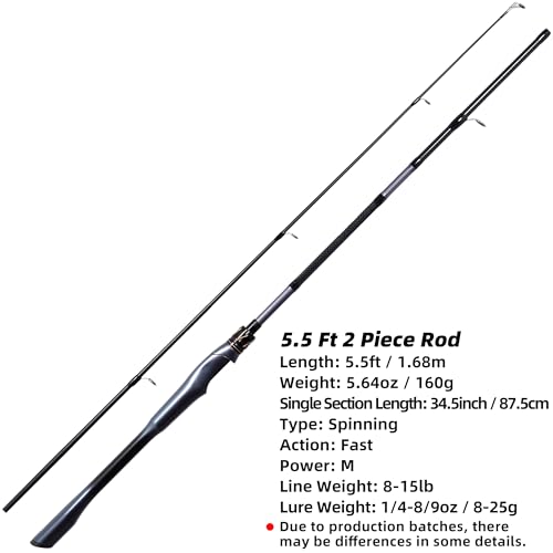 Kilitn Fishing Rod, 2-Piece Graphite Rod, Spinning & Casting, Strong Carbon Fiber Fishing Poles with Comfortable Handle for Freshwater or Saltwater Fishing - size: 5.5FT