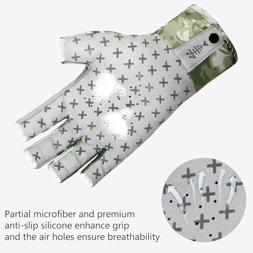 BASSDASH 3/4 Finger UPF 50+ Sun Gloves Breathable Anti-Slip Silicone Palm for Men Women Fishing Fingerless Cycling Running - color: Moss Shadow Camo, size: Small