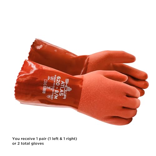 SHOWA Atlas 620 Double-Dipped PVC Chemical Resistant Gloves, Rough Finish Grip, Seamless Cotton Liner - size: Large, style: Single Pair