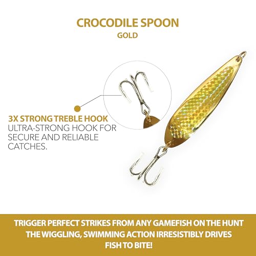 Crocodile Spoons 1oz, 6 Pcs Gold with Treble Hooks, for Saltwater & Freshwater Casting, Includes Durable Gold Finish, Ideal for Halibut, Barracuda, Tuna & More