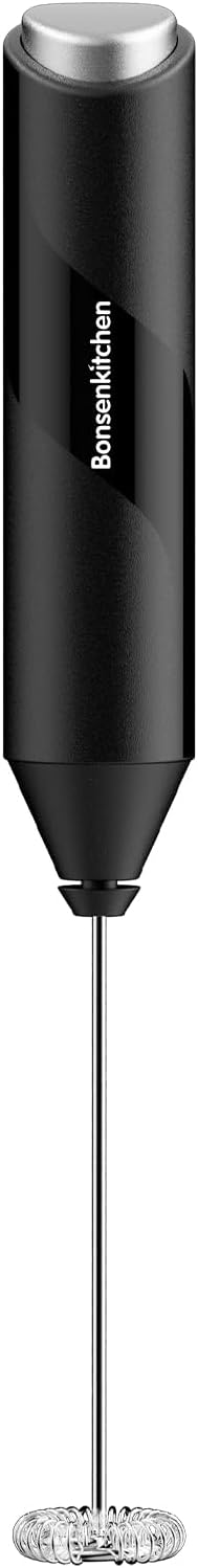 Bonsenkitchen Powerful Milk Frother for Coffee, Fast Handheld Drink Mixer with Stainless Steel Whisk, Battery Operated Hand Frother Stirrer Wand-Black