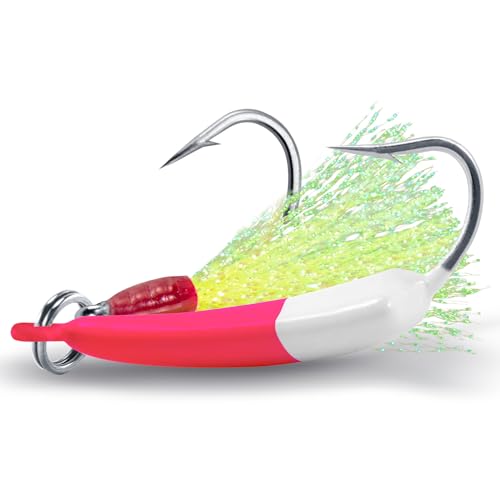 Dr.Fish 5 Pack Pompano Jigs with Teaser Hooks, Surf Fishing Jig Heads Saltwater Lure Banana Shape Stand Up O'Shaughnessy Beach Casting Halibut Striper Redfish Flounder - color: Pink/White, size: 1/2oz-Hook 4/0