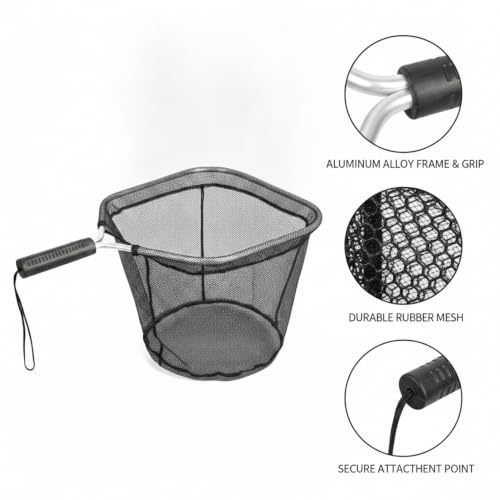 Rubber Mesh Landing Net Head Replacement, Aluminum Alloy Frame for Freshwater Fishing, Smooth Hook Release - size: 13.78 x 11.81 x 11.42"