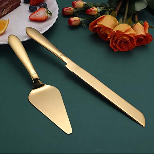 Cake Cutting Set for Wedding, Elegant Cake Knife and Server Set with Thickened Stainless Steel Rounded Edges, Cake Cutter Pie Spatula for Birthday Anniversary Christmas, 2 Pcs, Gold