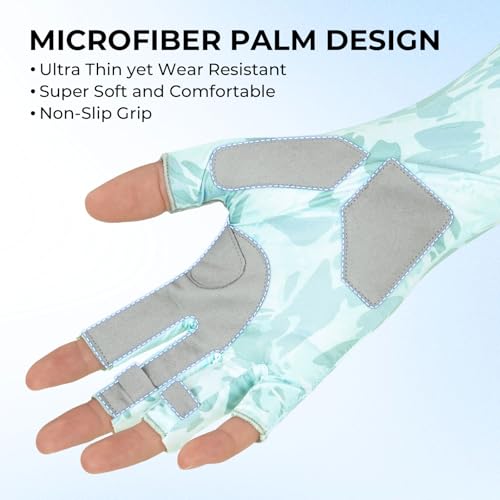 KastKing Agies Fishing Gloves Men, UPF 50+ Sun Gloves UV Protection, Cooling Quick-Dry 3/4 Fingerless Gloves with Extended Cuff, Microfiber Palm & Pull Tabs, for Fishing, Kayaking, Hiking, Hunting - color: X Camo-Pale Blue, size: Large-X-Large