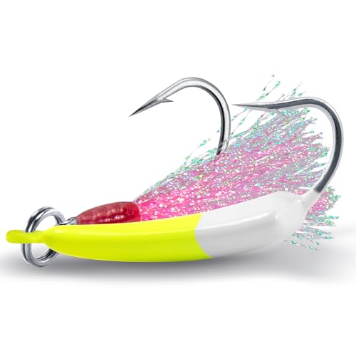 Dr.Fish 5 Pack Pompano Jigs with Teaser Hooks, Surf Fishing Jig Heads Saltwater Lure Banana Shape Stand Up O'Shaughnessy Beach Casting Halibut Striper Redfish Flounder - color: Chartreuse/White, size: 1/2oz-Hook 4/0