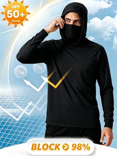 LeeHanTon Men UPF 50+ Sun Protection Hoodie Long Sleeve Shirts Dry-Fit UV Breathable Work Athletic Summer Pullover Sweatshirt - color: A-black-with Mask, size: Small