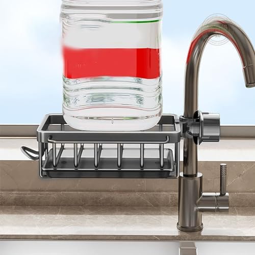 Kitchen Sink Faucet Organizer, Space Aluminum Rustproof Dish Sponge Holder with Divider and Drip Tray for Kitchen Dishwashing Sponges Brushes Cloth (Black)