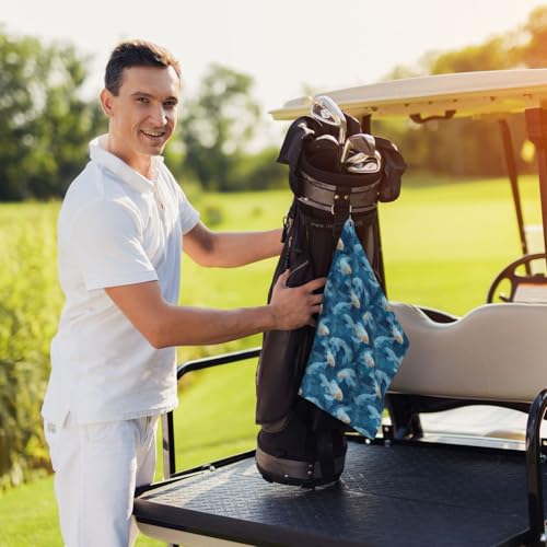 Blue Fish Pond Print Golf Towel, Microfiber Golf Towels for Bags with Carabiner Clip 16 x 24 inches, Men Womens Golfs Accessories