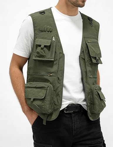 Men's Lightweight Mesh Fishing Vest Utility Outdoor Multi-Pocket Hunting Cargo Vest - color: Army Green, size: Medium