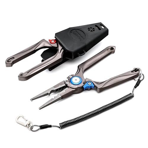 SAMSFX Fishing Pliers, Muti-Function Fly Fishing Tools, 8" Saltwater Resistant Gear Hook Remover Split Ring Tungsten Cutters, with Lanyard & Sheath - color: Red Fishing Pliers with Quick Knot Tool