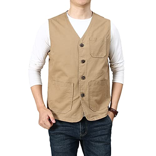 PRIJOUHE Men's Casual Outdoor Cotton Vest Lightweight Breathable Multi-Pocket Fishing Safari Travel Vests Outwear - color: 02-khaki, size: Small
