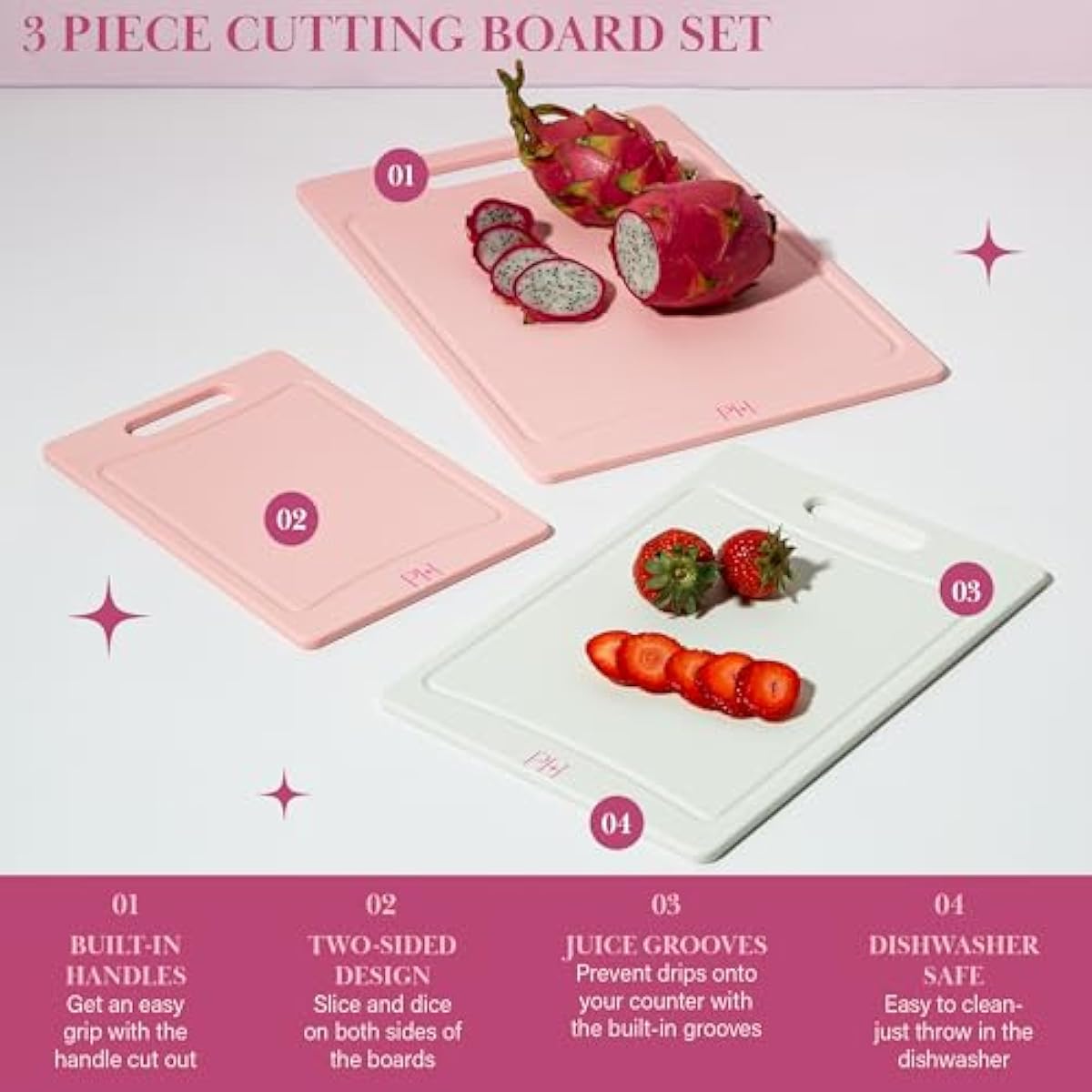 Paris Hilton Cutting Boards, Dual-Sided Cutting Board Set with Built-in Juice Grooves, Easy-Grip Handles, Heavy-Duty Plastic Made without BPA, Dishwasher Safe, 3-Piece Set, Pink and Cream