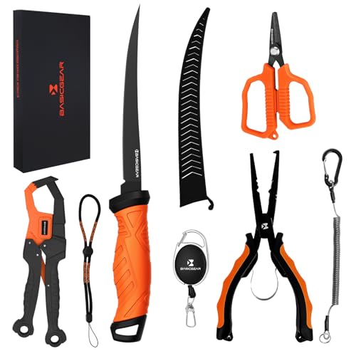 BasicGear Fishing Tool Set – 7” Pliers, 9.5” Fish Lip Gripper, 4.5” Scissors, 7” Fillet Knife, Retractable Clip & Steel-Core Tether, Rust-Resistant Multi-Tool Kit for Anglers - color: Orange
