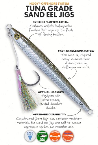 Hogy Big-Game Sand EEL Jig - Tuna Fishing Lure Knife-Style Deep Water Jig | Knife-style deep water jig with heavy-duty assist hooks for Tuna, Striped Bass, Groundfish & saltwater fishing. - color: Green, size: 8/0 - 3.5oz