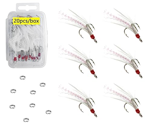 Fishing Treble Hooks Feather Dressed: 20pcs/Box Feathered Treble Hook Size 2 4 6 8 with Split Rings Replacement for Fishing Lure Spinner Spoon Crankbait Making - color: White, size: 6#