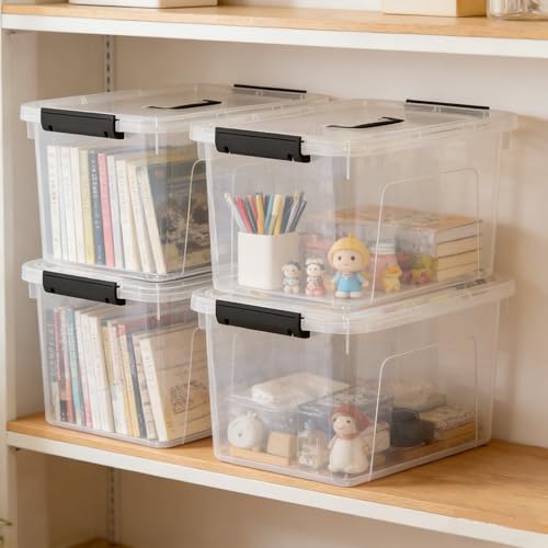 4 Packs 10 QT Plastic Storage Bins with Lids, Stackable Storage Containers for Organizing, Clear Storage Box for Garage, Closet, Kitchen - size: Medium