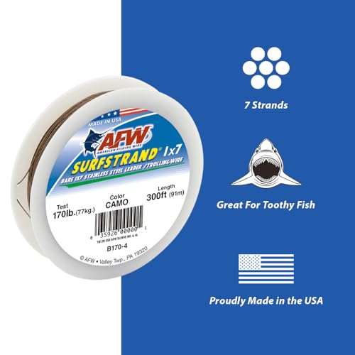 American Fishing Wire Surfstrand Bare 1x7 Stainless Steel Leader Wire - Fishing Leader Line for Saltwater, 20lb Test - 325lb Test in Bright, Camo in 30ft, 300ft, 600ft and 1,000ft Lengths - color: Camo, size: 15 lb / 600 ft