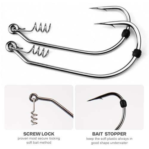 Weedless Swimbait Hooks with Screw Lock & Bait Stopper- 1/0 2/0 3/0 4/0 5/0 6/0 7/0 Sizes Worms Hooks for Bass Fishing - size: Mix - 40Pack